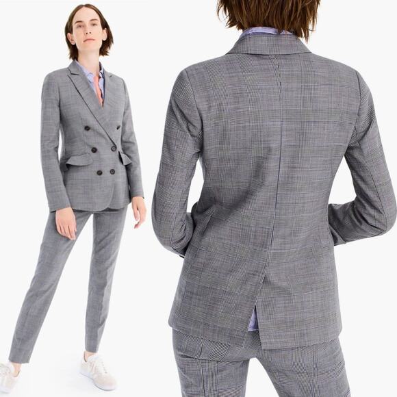 J. Crew Glen Plaid Classic Grey Blue Ruffle Pocket Double Breasted Blazer Size 8 - Picture 1 of 8
